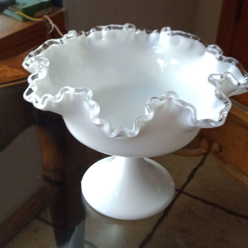 Vintage Fenton Milk Glass Silver Crest, Footed Compote